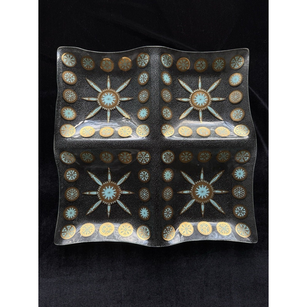 Vintage MCM CULVER Glass Carnival Turquoise Blue‎ Gold 4 Serving Tray Platter